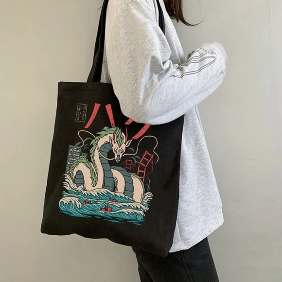 studio ghibli Handbags - Studio Ghibli Spirited Away Haku Black Canvas Tote